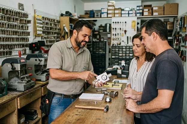 Chaveiro orientando clientes sobre seleção de fechaduras em Araruama.