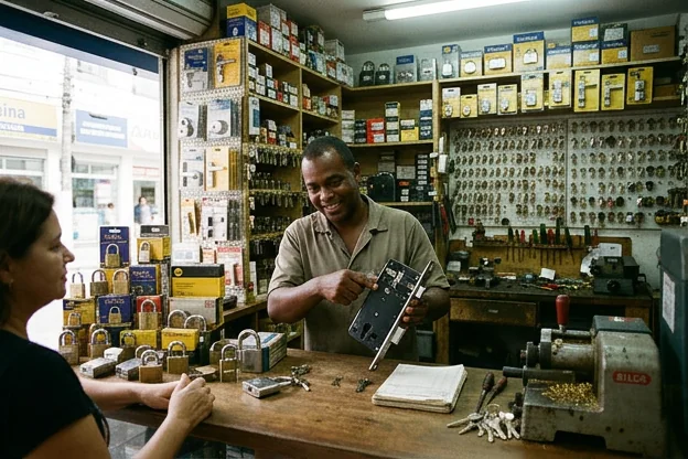 Diferentes modelos de fechaduras expostos em loja de Araruama.